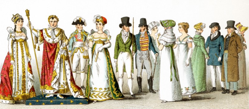 Pictured here are French men and women from 1804-1812. They are from left to right: Empress Josephine, Napoleon I in coronation robes in 1804, minister in 1806, lady of the court in 1808, gentleman in 1807, gentleman in 1812, two ladies in 1808, two ladies in 1810, gentleman in 1811, gentleman in 1812, lady in 1812. The illustration dates to 1882.