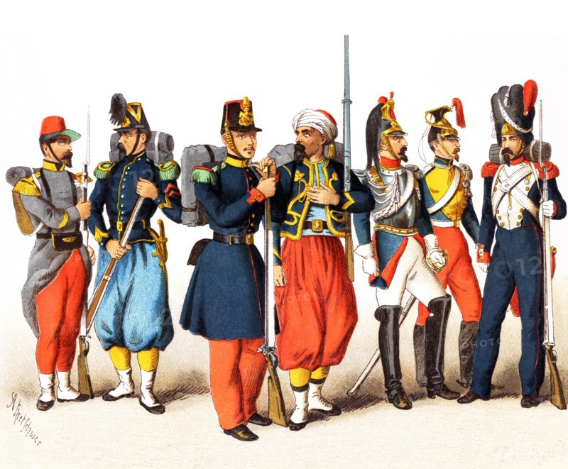 The figures represented here date to between 1834-1864 are, from left to right: French voltigeur of a light infantry regiment in Africa, chasseur, infantry of the line, Zouave, cuirassier, lancer, grenadier. This illustration dates to 1882.