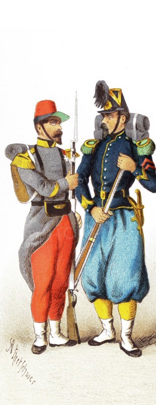 The figures represented here date to between 1834-1864 are, from left to right: French voltigeur of a light infantry regiment in Africa and French chasseur. This illustration dates to 1882.