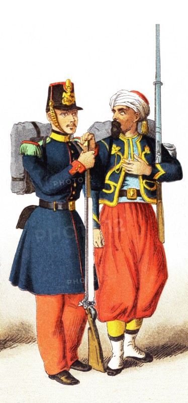 The figures represented here date to between 1834-1864 are, from left to right: French voltigeur of a light infantry regiment in Africa, chasseur, infantry of the line, Zouave, cuirassier, lancer, grenadier. This illustration dates to 1882.