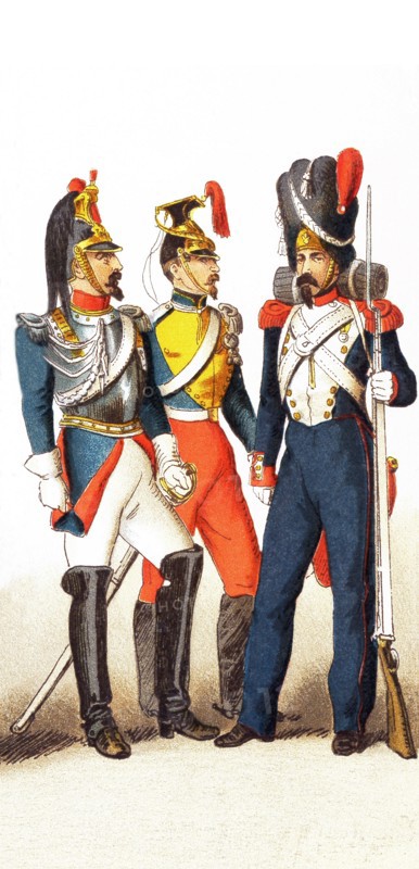 The figures represented here date to between 1834-1864 are, from left to right: cuirassier, lancer, and grenadier. This illustration dates to 1882.