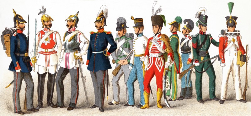 The figures represented here are, from left to right: Prussian 1846: The line, Body Guard, Cuirassier, Officer of the Guard. Austrian 1840: Jager, Offcier of Infantry, Hungarian noble lifeguard, General Adjutant, Cuirassier. English 1830: Rifleman, Infantry guard. This illustration dates to 1882.