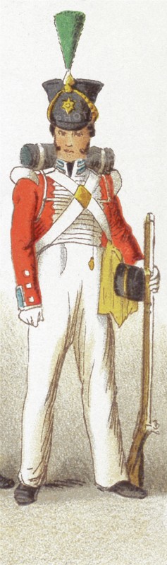 The figure represented here is an English infantry guard from the 1800s. This illustration dates to 1882.
