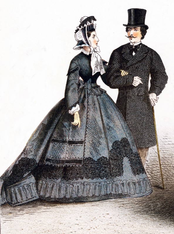 The couple pictured here represent German fashions during the years 1834 to 1881. The illustration dates to 1882.