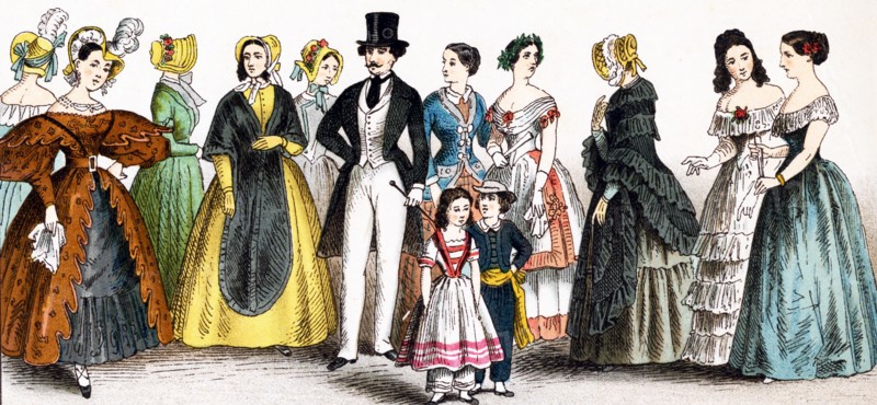 The figures pictured here, represent German fashions during the years 1834 to 1881. The illustration dates to 1882.