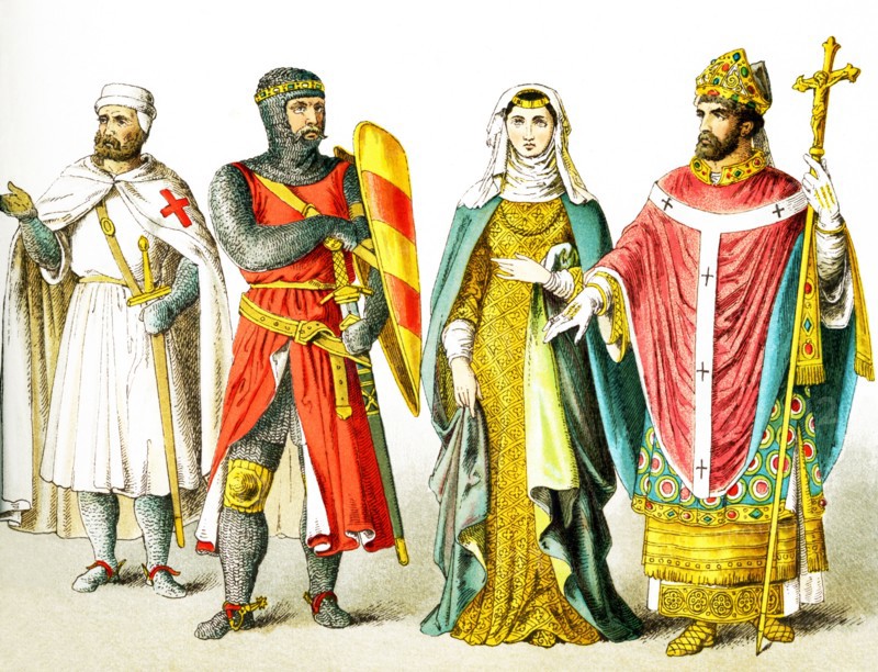The figures represented here are English people around A.D. 1200. They are, from left to right: a Knight templar, a knight, a lady of rank, and a bishop. The illustration dates to 1882.