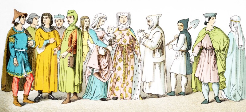 The figures in the illustration represent French people around A.D. 1200. They are, from left to right: seven citizens, a lady of rank, a Carthusian friar, a monister of order ""de la Trappe,"" a man of rank, a lady of rank. The illustration dates to 1882.