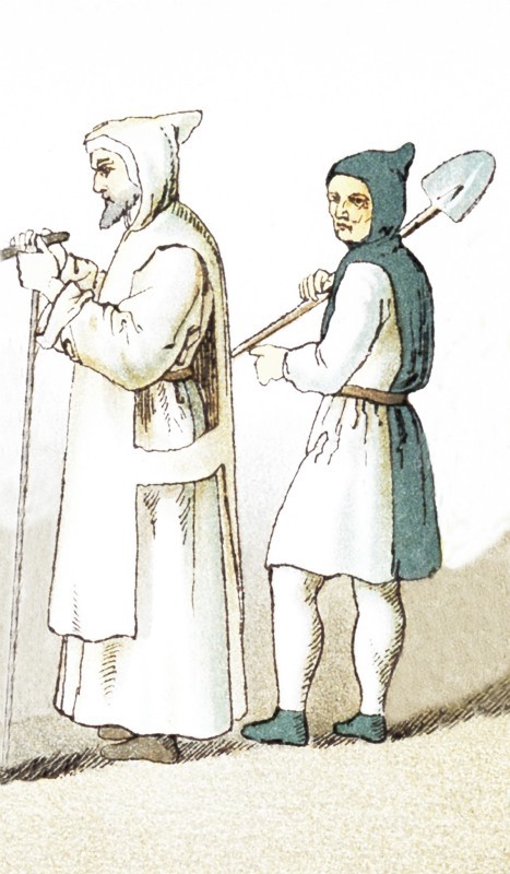 The figures in the illustration represent two French clergy members around A.D. 1200. They are, from left to right: a Carthusian friar and a minister of order ""de la Trappe."" The illustration dates to 1882.