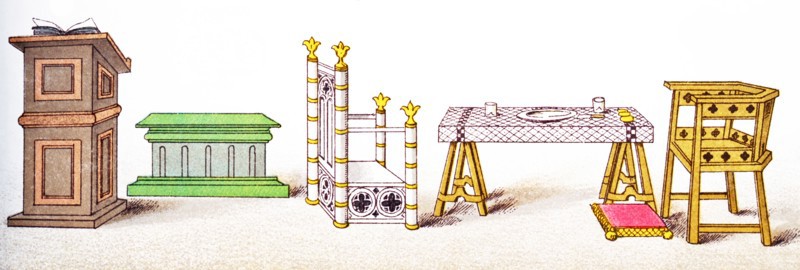 The items pictured here date to Europe in 1200-1300. From left to right, they are: a writing desk, a throne, a seat, a table, and a seat. This illustration dates to 1882.