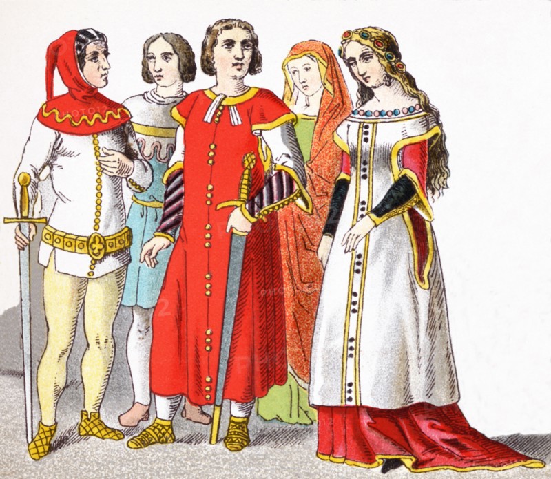 The figures here represent Spaniards around A.D. 1300. They are, from left to right: three noblemen and two noblewomen. The illustration dates to 1882.