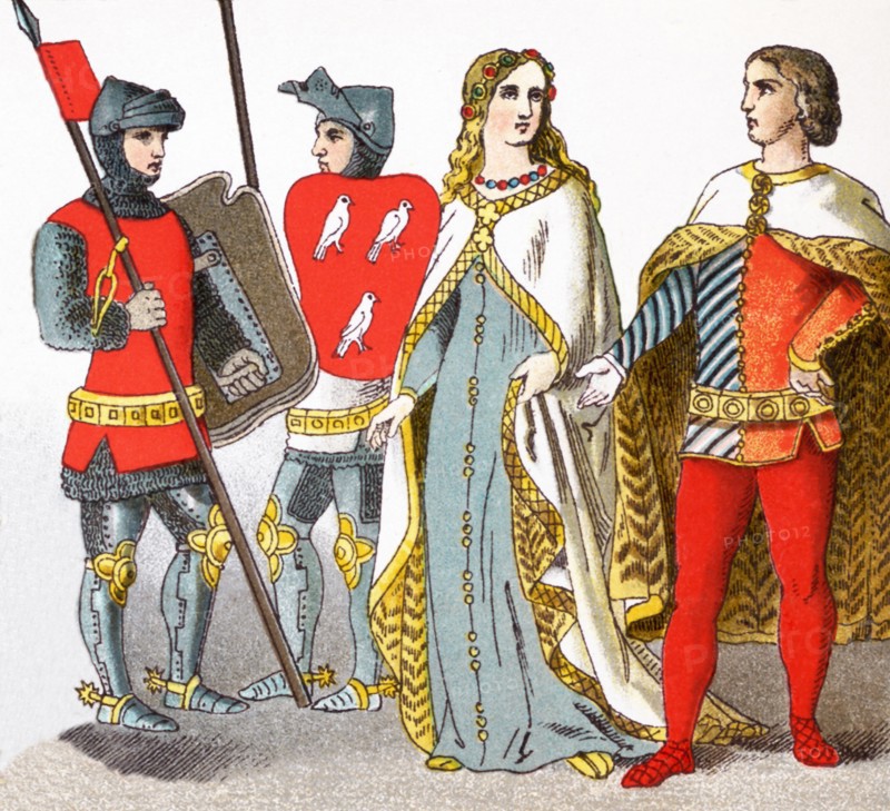 The Spanish figures are dressed in clothing dating to A.D. 1300 and represent, from left to right: two hunters, men of rank, two ladies of rank, two knights, a lady of rank, two men of rank. The illustration dates to 1882.