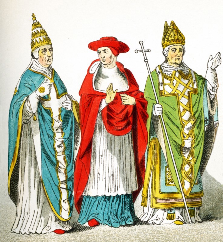 The figures in this image are Italians from the A.D. 1300s. They represent, from left to right: a pope, a cardinal, and an archbishop. The illustration dates to 1882. .