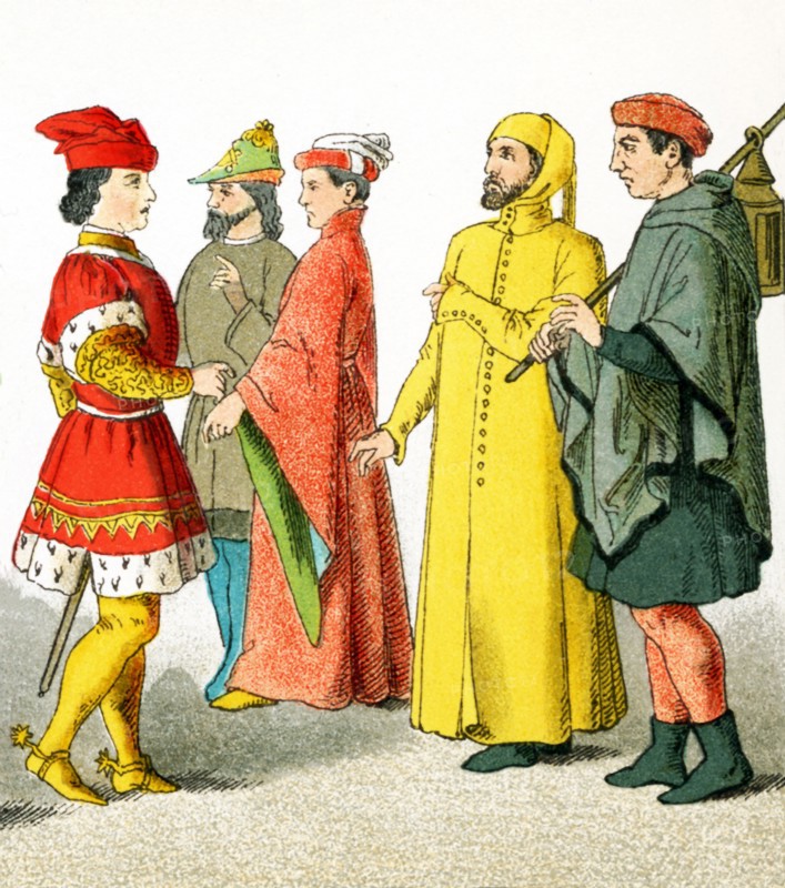 The figures in this image are Italians from the A.D. 1300s. They represent, from left to right: three men of rank, a citizen, and a peasant. The illustration dates to 1882. .