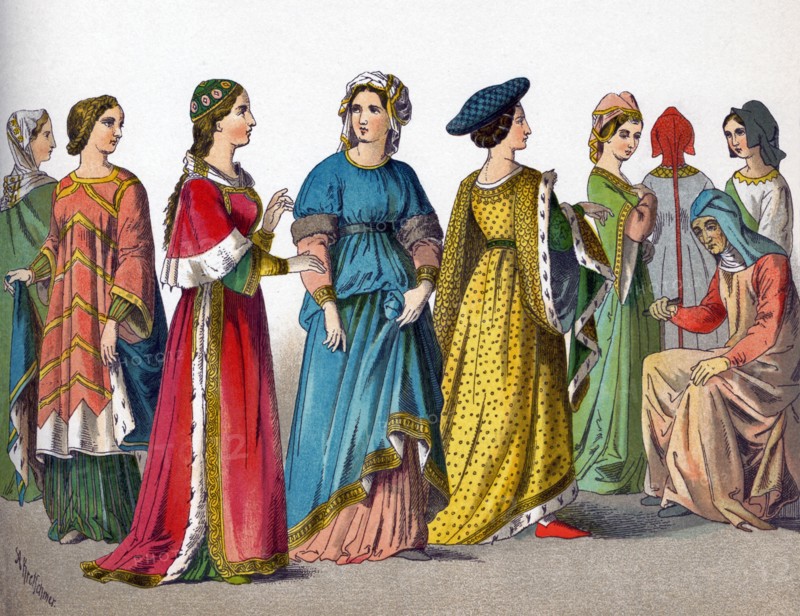 The Italian women pictured here represent, from left to right: woman of rank, Laura, four women of rank, and three women of the middle and lower classes. The illustration dates to 1882.