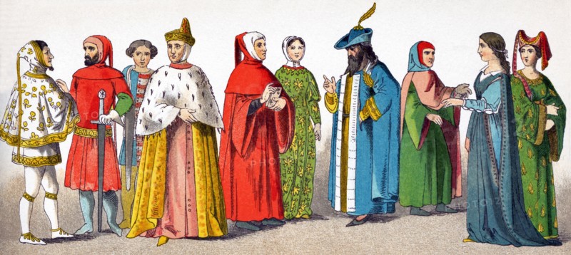 The Italians pictured here date to A.D. 1300 and are, from left to right: the painter and creator of mosaics Cimabue (also known as Benvenuto di Giuseppe), shown in citizen dress; two men of rank; a doge of Venice; the poet and scholar and one of the earliest Renaissance humanists Petrarcha, known in English as Petrarch; Laura, the love of Petrarch's llife; man of rank, magistrate; two women of rank.