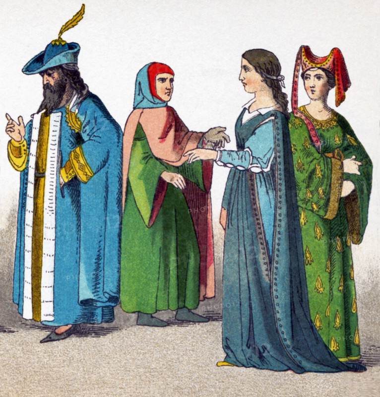 The Italians pictured here date to A.D. 1300 and are, from left to right: man of rank, magistrate; two women of rank.