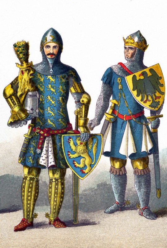 This illustration, which dates to 1882, shows two German nobles in period dress from the A.D. mid 1300s. They are, from left to right: Gunther von Schwatrzburg (1349) and Louis the Bavarian (1347).