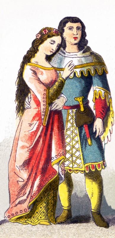 This illustration, which dates to 1882, shows Germans in period dress from A.D. 1300-1350. They are a woman of rank and a man of rank.