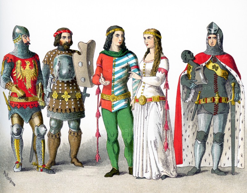 The figures represent Germans from A.D. 1350 to 1400. They are, from left to right: two knights in battle costume, man of rank, woman of rank, knight in battle costume. The illustration dates to 1882.