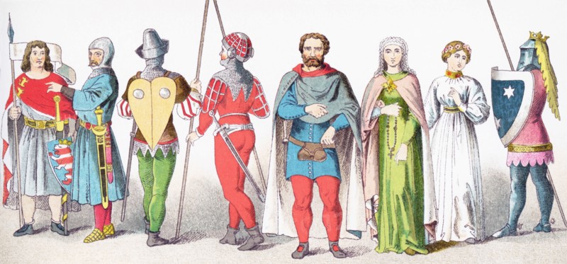The figures represent Germans from A.D. 1350 to 1400. They are, from left to right: Count of Thuringen, knight in battle costume, two soldiers, man of rank, two women of rank, knight in battle costume. The illustration dates to 1882.