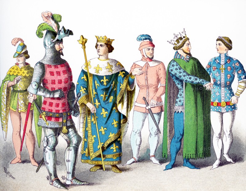 The figures represent French people around A.D. 1300. They are, from left to right: nobleman, knight, king, nobleman, prince, nobleman. The illustration dates to 1882.
