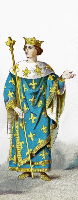 The figure represents the French king Philip IV around A.D. 1300. Also known as Philip the Fair, he was responsible for the transition of France from a feudal country to a centralized state. His wife was Joan I of Navarre. The illustration dates to 1882.