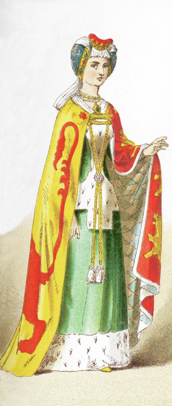 This illustration shows an English lady of rank, who lived between A.D. 1300 and 1400. The illustration dates to 1882.
