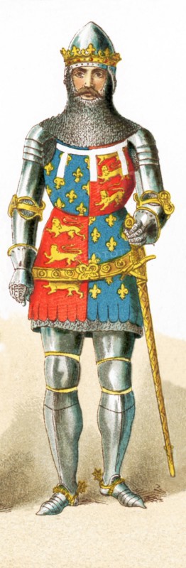 This illustration represents Edward the Black Prince (1330-1376), who was the oldest son of England's King Edward III. His son was King Richard II. As he died a year before his father, the throne passed to his son. he was the first prince of Wales not be crowned king. The illustration dates to 1882.
