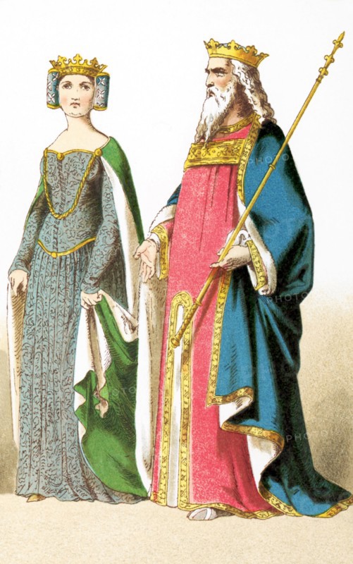 This illustration shows two English royals who lived between A.D. 1300 and 1400. The figures, from left to right, represent: Philippa (1369) and Edward III (1377). The illustration dates to 1882.