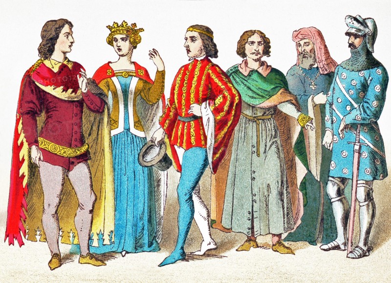 The figures represented here are English people between A.D. 1300 and 1400. They are, from left to right: two people belonging to the court; a man of rank in 1377; a citizen; a lord in 1392; and a knight in 1377. The illustration dates to 1882.
