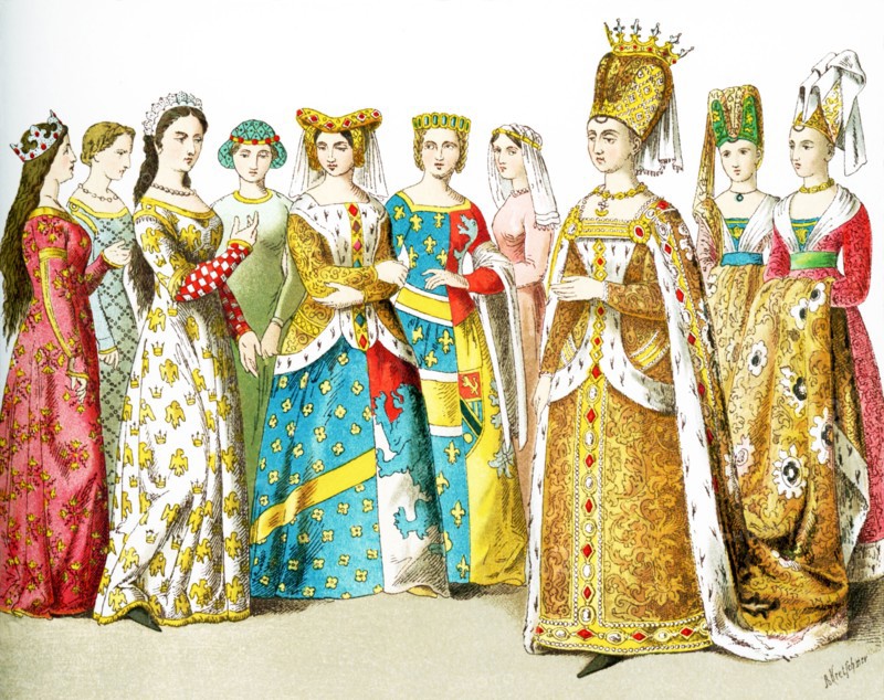 The figures represent French women around 1100. They are, from left to right: queen, four ladies of rank, princess, lady of rank, Isabel of Bavaria (consort of Charles VI) and two ladies in waiting. The illustration dates to 1882.