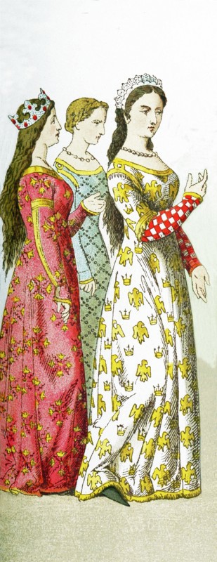 The figures represent French women around 1100. They are, from left to right: a queen and two ladies of rank. The illustration dates to 1882.
