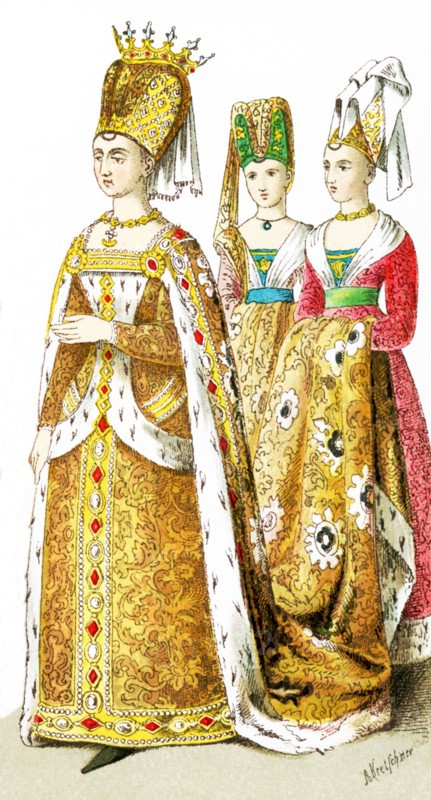 The figures represent French women around 1300. They are Isabel of Bavaria (consort of Charles VI) and two ladies in waiting. The illustration dates to 1882.