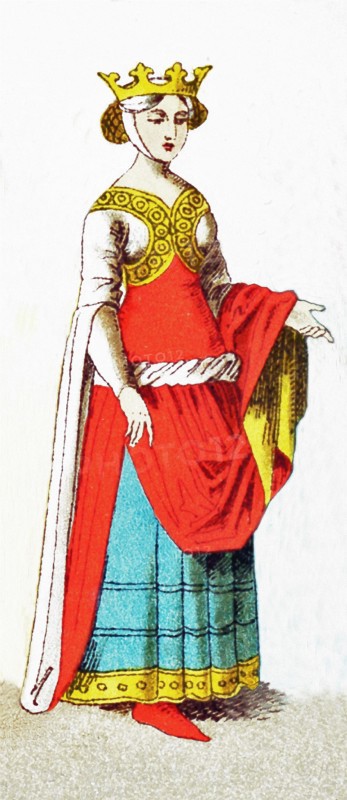 The figures represents a French queen around 1300. Joan I of Navarre was Queen Consort of France from 1285-1305. She was the wife of Philip IV of France, also known as Philip the Fair. Their children ruled as Louis X of France, Philip V of France, and Charles IV of France. The illustration dates to 1882.