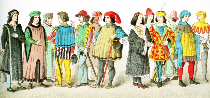 The figures represented here are (from left to right) a German senator and and 12 German patricians between A.D. 1450 and 1500. The illustration dates to 1882.