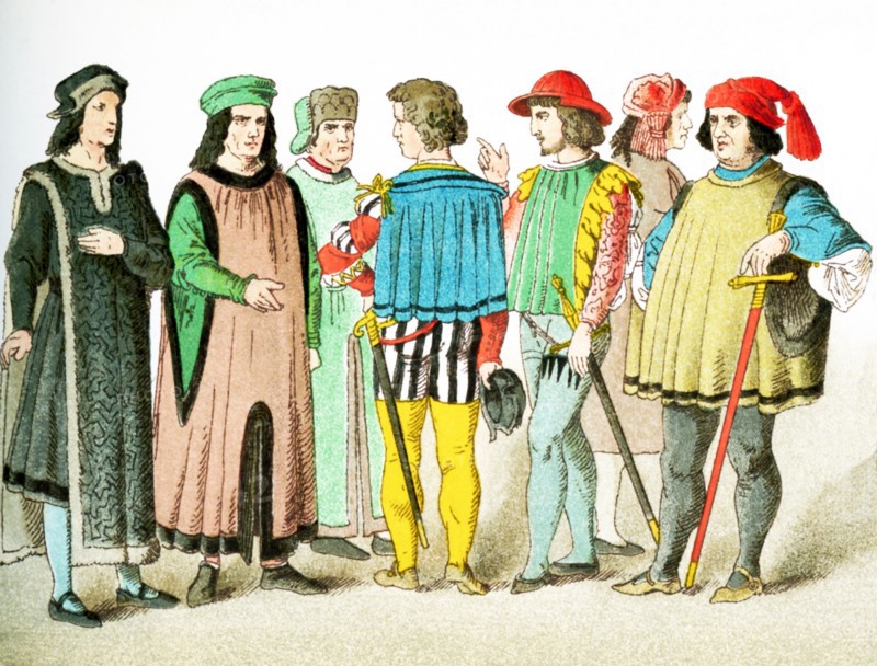 The figures represented here are (from left to right) a German senator and and 12 German patricians between A.D. 1450 and 1500. The illustration dates to 1882.