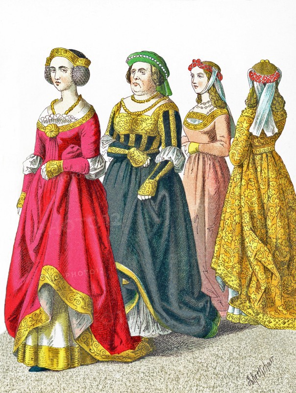 The figures represented here are German women between A.D. 1450 and 1500. They are, from left to right: lady of rank, three female citizens. The illustration dates to 1882.