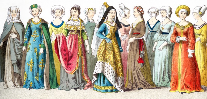 The figures represented here are German women between A.D. 1450 and 1500. They are, from left to right: five women, a duchess, six women. The illustration dates to 1882.