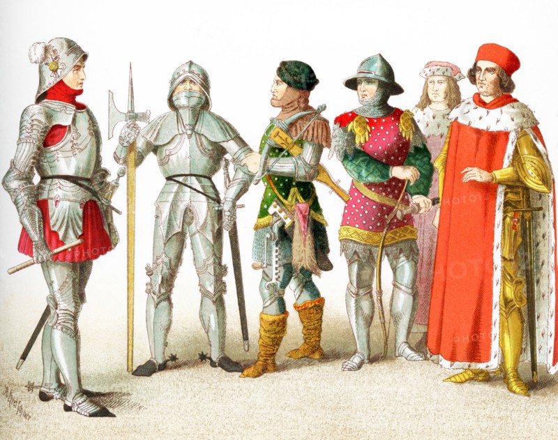 The figures represented here are Germans between A.D. 1450-1500. They are, from left to right: two knights, a warrior with a crossbow, an archer, and two electors.The ilustration dates to 1882.