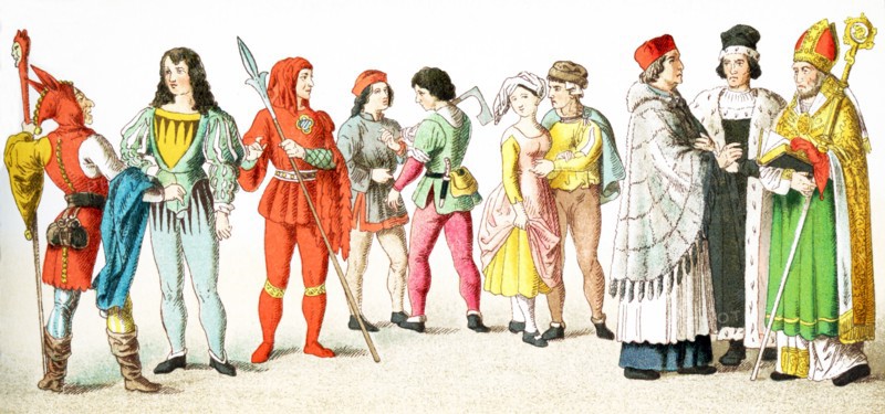 The figures represented here are Germans between A.D. 1450-1500. They are, from left to right: jester, knight, bailiff, citizen, female peasant, male peasant, carpenter, canon, doctor of university, bishop. The ilustration dates to 1882.