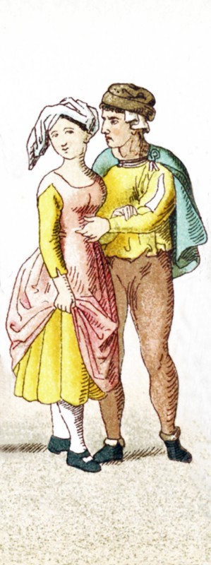 The figures represented here are Germans between A.D. 1450-1500. They are a female peasant and a male peasant. The ilustration dates to 1882.