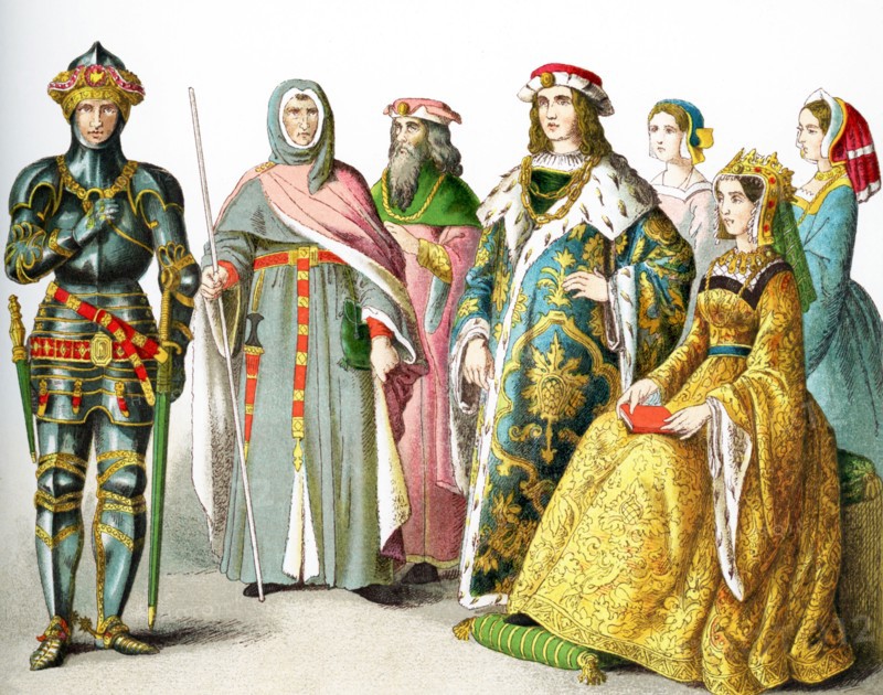 The figures pictured here represent English people between A.D. 1400 and 1450. They are from left to right: knight (1450), member of a court martial, member of court of Henry VI, Henry VI (1445), member of court of Henry VI, Margaret (Henry's consort), member of court of Henry VI. The illustration dates to 1882.