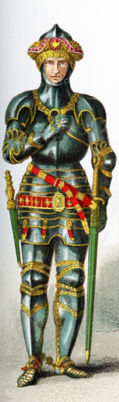 The figure pictured here represents and English knight in 1450 in the court of Henry VI. The illustration dates to 1882.