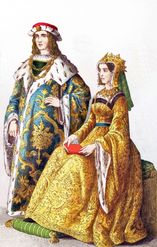 The figures pictured here represent the English king Henry VI in 1445 and Margaret (Henry's consort). The illustration dates to 1882.