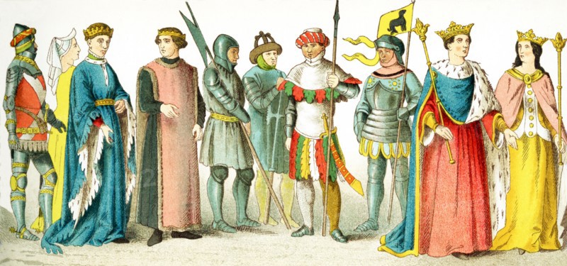 The figures pictured here represent English people between A.D. 1400 and 1450. They are from left to right: knight (1417), lady of rank, Henry V, earl, three soldiers, knight, Henry VI (1445), Margaret (his consort). The illustration dates to 1882.