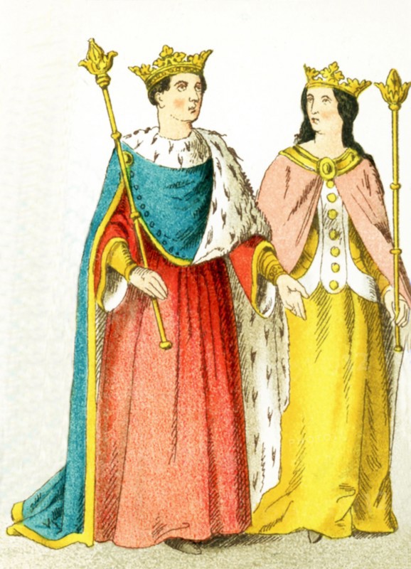 The figures pictured here represent the English king Henry VI in 1445 and Margaret (his consort). The illustration dates to 1882.