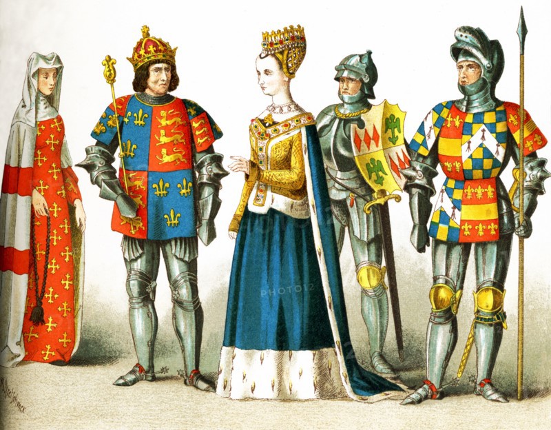 This illustration shows British costume between 1450 and 1500. The figures represent, from left to right: a lady of rank, Richard III, Margaret of Scotland, a knight, the Earl of Warwick. The illustration dates to 1882.