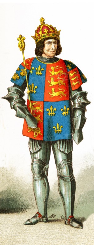 This illustration shows English king Richard III (1483-1485). He was the brother of Edward IV. After gaining control of his nephew, Edward V, he had himself named king. Edward was murdered in the Tower in 1483. Rebellion followed, bringing Earl of Richmond to England in 1485. Richard killed at Bosworth Field. His death, the last Yorkist king, ended the Wars of the Roses. Richard was subject of Shakespeare's Richard III. The illustration dates to 1882.