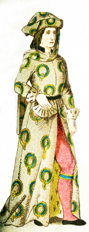 The image shows an English Knight of the Garter between 1450 and 1500. The Order of the Garter is the oldest and most important order of knighthood in England. Instituted around 1346 by Edward III, it originally was limited to 25 members. The illustration dates to 1882.