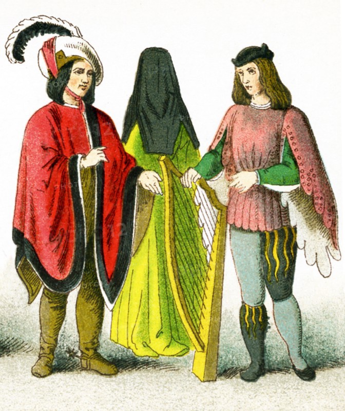 The image shows British costume between 1450 and 1500. The figures represent, from left to right: a male citizen, a female citizen, and a minstrel. The illustration dates to 1882.